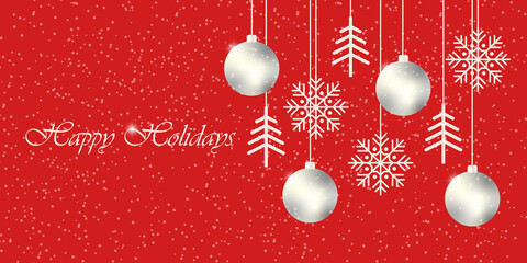 Greeting card with Happy Holidays on a red snowy background with silver balls, Christmas trees and snowflakes. Festive Christmas banner. Modern winter illustrations.