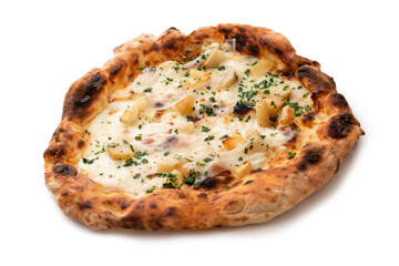Deliziosa pizza gourmet con lardo di colonnata, mozzarella di bufala e patate al forno, Cucina Italiana