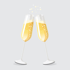 Golden two glasses champagne isolated on gray background. Wine glass. Celebrate party. Sparkling wine vector illustration © smile_flower
