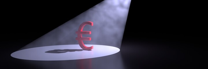 The symbol of the European currency in the divine rays. 3D visualization