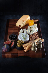 Several types of cheese on a wooden board with smoked sausage and olives. Figs and grissini. Honey and cheese on wooden board. Selective focus. Dark background. Vertical photo.
