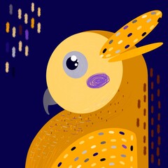 A bright colored owl, a cartoon character. Funny portrait of a bird. Design for backgrounds, T-shirts, interiors, children's items, websites in yellow-orange and blue-purple colors