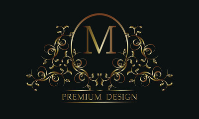 Decorative floral pattern with a letter in the center of M. Bronze elegant frame on a black background. Exclusive monogram, business sign design element, identity for hotel, restaurant, jewelry