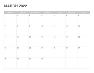 calendar March 2022, simple design.eps