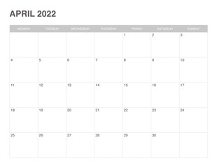 calendar April 2022, simple design.eps