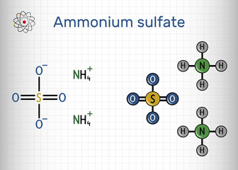 Ammonium sulfate, ammonium sulphate molecule. It is inorganic sulfate salt obtained by reaction of sulfuric acid with two equivalents of ammonia. Sheet of paper in a cage