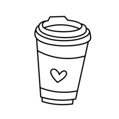 Coffee to go emblems. Cafe posters design. Coffee cup with a lid. Coffee take away sign for print, sticker, cafe, menu, restaurant, advertisement. Vector illustration in doodle style - isolated.