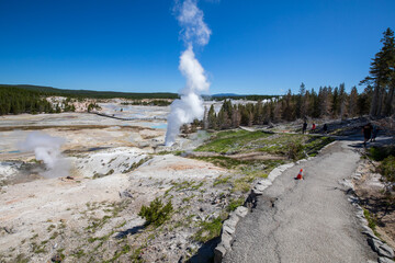 Black growler steam vent at Norris Geyser Basin in summer, Yellowstone National Park Wyoming hot springs.
