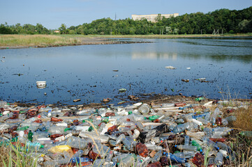 The lake and the shore are littered with garbage