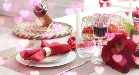 Festive table setting for Valentines Day celebration at home