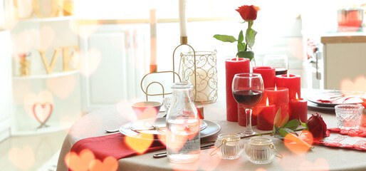 Festive table setting for Valentines Day celebration at home