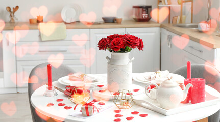 Festive table setting for Valentines Day celebration at home