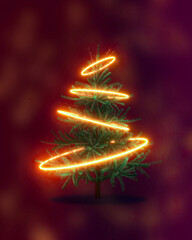 Futuristic creative cyberpunk concept of Christmas tree with neon hoops on urban dark background....