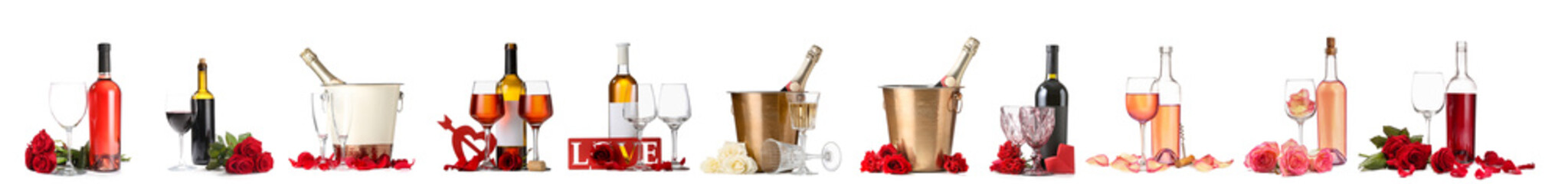 Obraz na płótnie Canvas Bottles of wine and champagne with rose flowers on white background