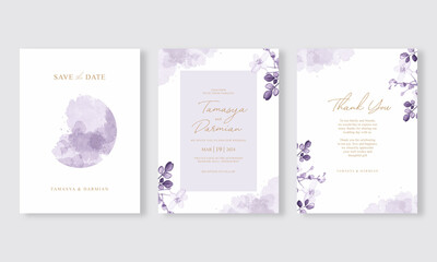 Wedding invitation set template with purple floral watercolor