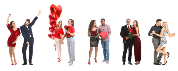 Happy young couple dancing on white background