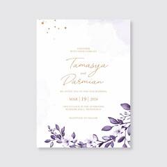 Fototapeta na wymiar Wedding invitation template with purple watercolor painting