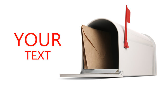 Mail box with letters on white background with space for text