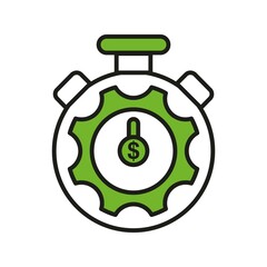 Stopwatch with cogwheel and dollar symbol inside. Green and white illustration with black outline. Simple flat three color vector icon for website, app, print, presentation, and more