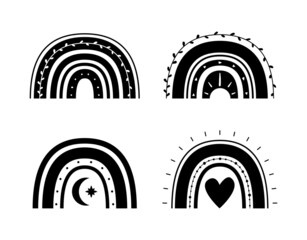 Hand drawn collection for nursery decoration with cute black rainbows. Scandinan boho style