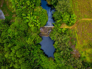 Aerial view of an old river dam found in the south of Mauritius island