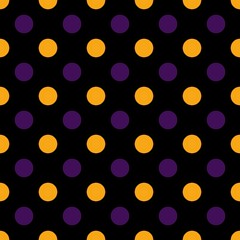 Fototapeta na wymiar Orange and purple polka dots, seamless pattern on black background. Vector illustration. Happy Halloween.