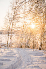 Winter landscape with sunrise. The path in the snow.