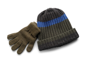 Warm hat and gloves on white background