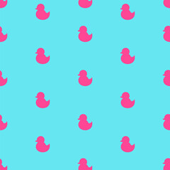 Ducks. Vector seamless pattern in pop art. Cute pink bird silhouettes on blue backdrop
