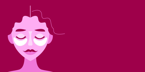 Vector graphics - banner - the face of a beautiful young woman with her eyes closed and patches under her eyes and space for copying. Concept - rejuvenating spa treatment