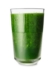 Glass of tasty green juice isolated on white background