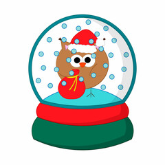 Christmas snowball with Owl Santa. Draw illustration in color