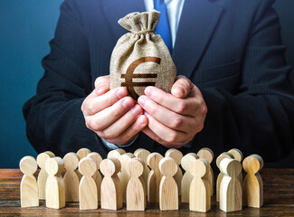 Businessman holds out a euro money bag to the crowd. Official. Staff maintenance. Financial...