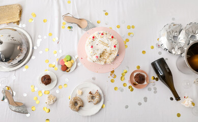 Table with leftovers after party celebration, top view