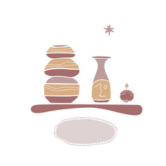 Pottery making.art ceramic workshop.Pot silhouette. decor vase and candle.flat vector style.Tool for work with clay.isolated object.background for web event school or studio