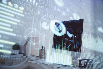 Double exposure of data theme drawing and office interior background. Concept of technology.