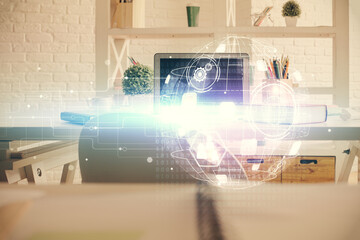 Double exposure of social network theme drawing and office interior background. Concept of web.