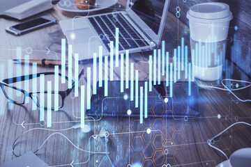 Double exposure of forex chart drawing and cell phone background. Concept of financial trading