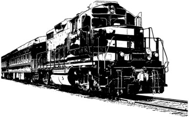 Train locomotive on tracks vector illustration in black on white background  © K KStock