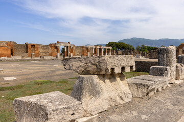 Forum of city destroyed by the eruption of the volcano Vesuvius in 79 AD near Naples, Pompeii, Italy - obrazy, fototapety, plakaty