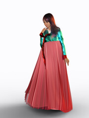 A 3d digital render of a young Asian woman wearing a hanbok, or Korean dress with a long red skirt.