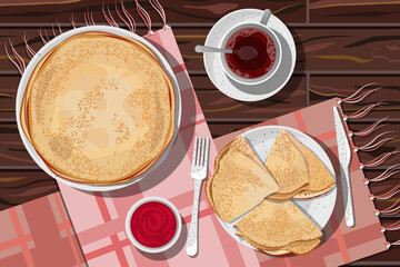 Vector illustration of top view of pancakes folded in triangle and in stack in white ceramic plates, jam and hibiscus tea in cup on saucer isolated on wooden table with coral towels.
