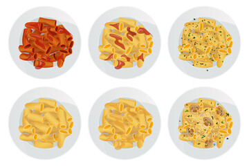 Vector set of top view rigatoni pasta with herbs, tomato sauce, ketchup, butter, cheese, mushrooms in plate isolated on white background.
