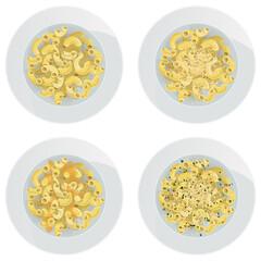 Vector set of top view elbow pasta with cheese, herbs, sauce in plate isolated on white background.
