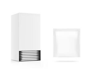 Realistic cardboard box with sachet mockup. Perspective view. Vector illustration isolated on white background. Ready for your design. EPS10.