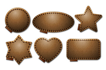 Set of brown leather label shapes with stitches. Leather patches with seam. - 477191971