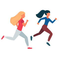 Fototapeta na wymiar Two girls run to the distillation. Women in running competitions.