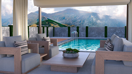 Fototapeta na wymiar Luxury villa courtyard with pool and mountain views