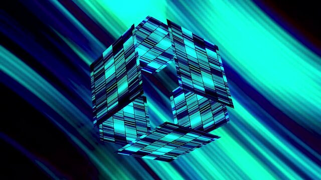 Abstract glowing cube with blue rays of light. Motion. Striped neon cubic shapes falling apart on shimmering background.