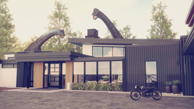 A 3d digital render of an upscale house with dinosaurs looking over the top of it. There is a motorcycle in the drive.